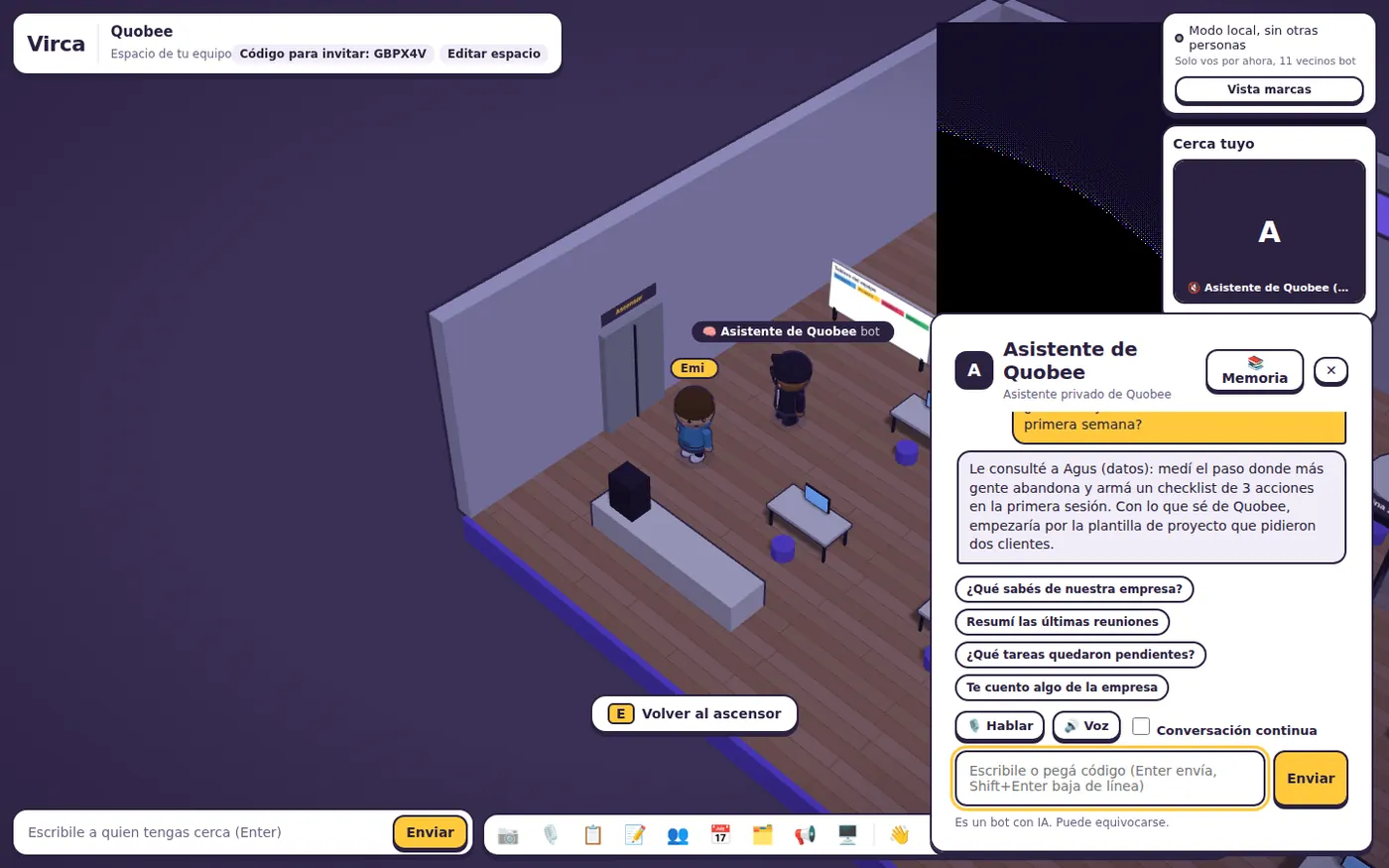 Chat con el asistente privado de una empresa, que responde qué tareas quedaron de una reunión.